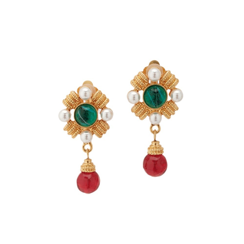 Vintage Glass Brass Elegant Delicate Two-Tone Pendant Earrings Ear Clips
