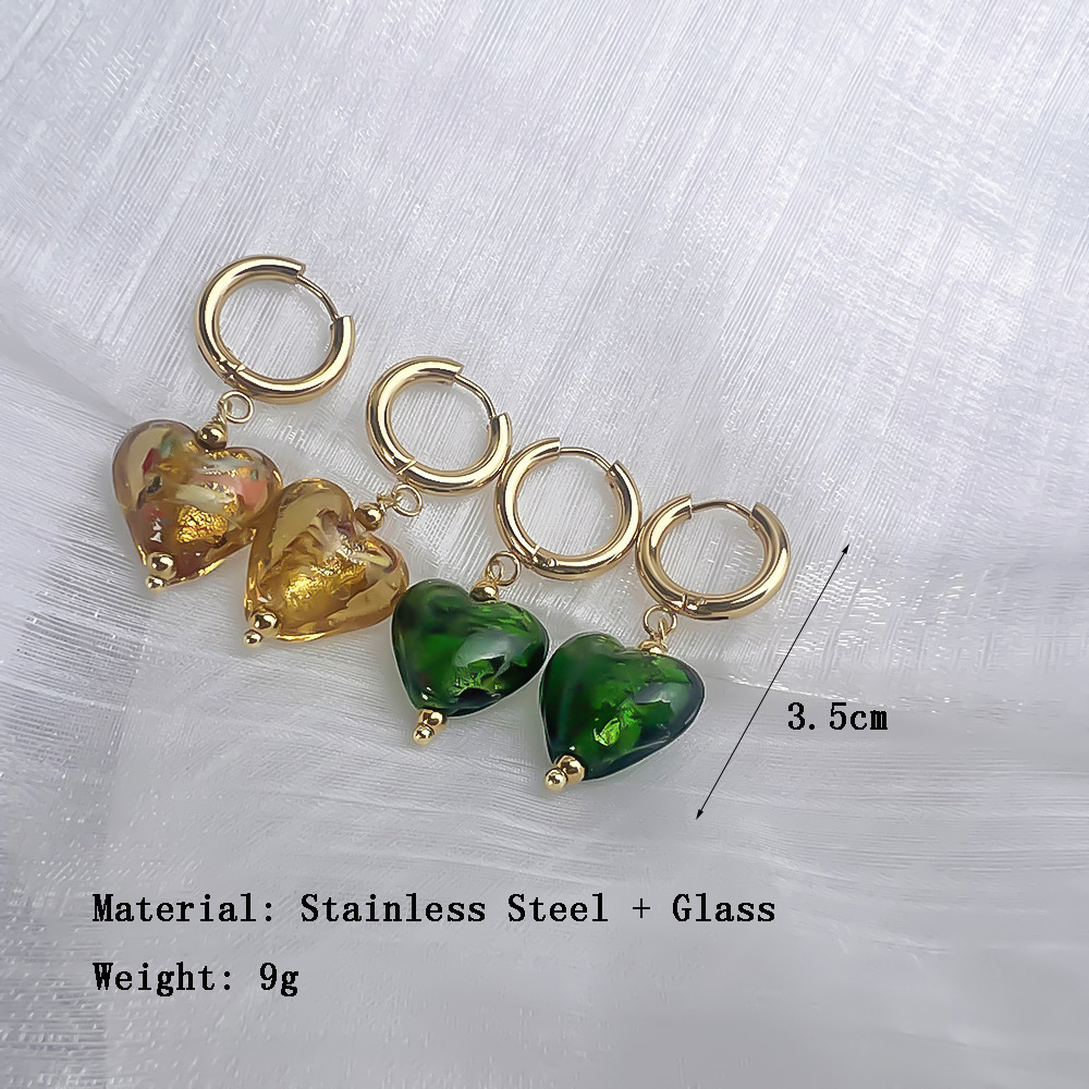 Stainless steel palace girl style gold foil colored琉璃 heart earrings gorgeous style earrings