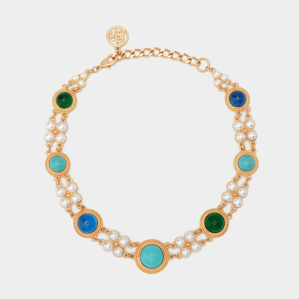 Western Antique Vintage Colored Glass Double Layer Choker Short Necklace