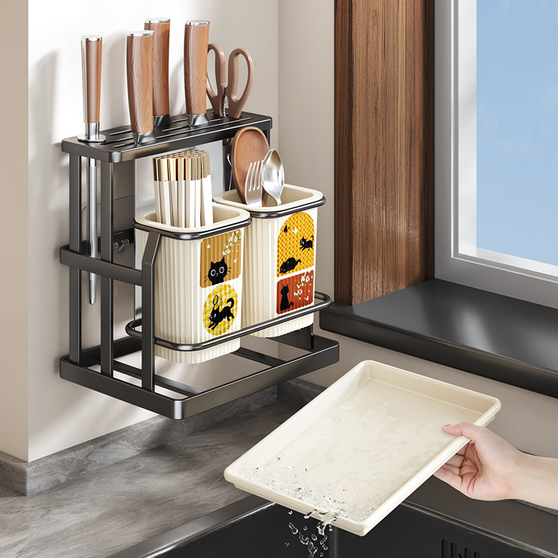 Kitchen Knife Rack Chopstick Holder Shelf Wall-mounted Multi-functional Knife Integrated Ventilated Countertop Storage Rack Chopstick Tube Drain