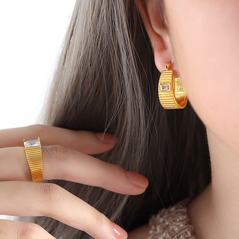 Country 18K gold zircon ring niche titanium steel earrings women's jewelry set