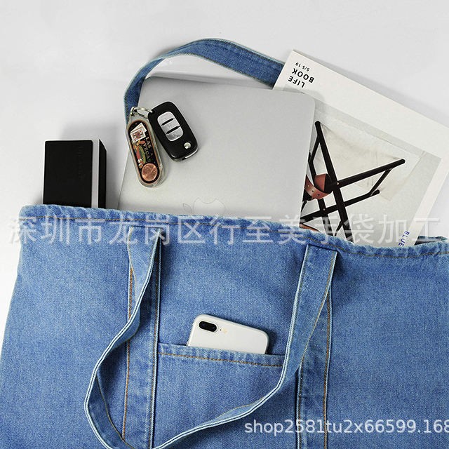 Custom denim canvas travel bag drawstring zipper single shoulder crossbody shopping bag cotton fitness storage handbag