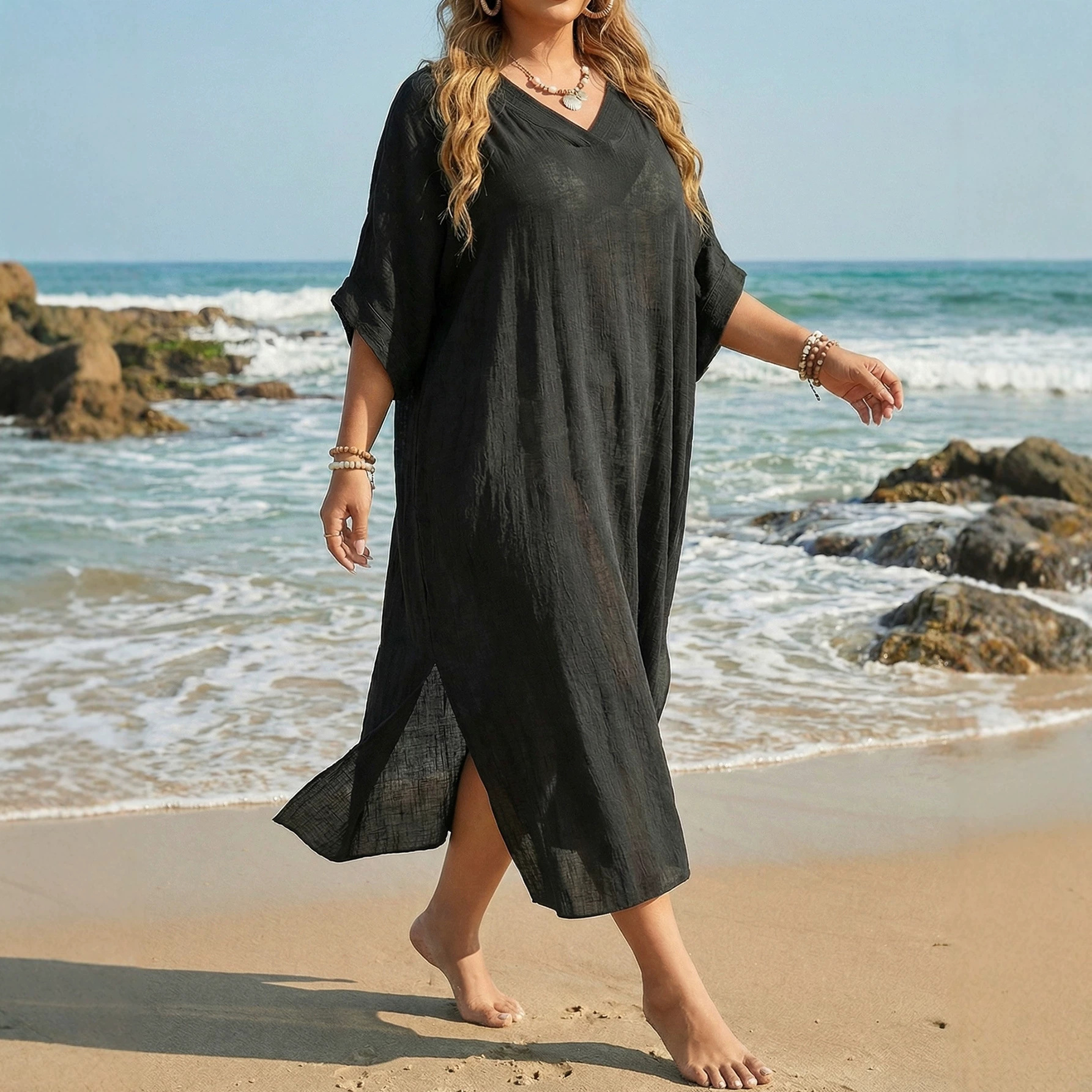 Beach Cover-Up Plus Size Women's Summer V-Neck Loose Casual Dress Split Floor-Length Beach Dress