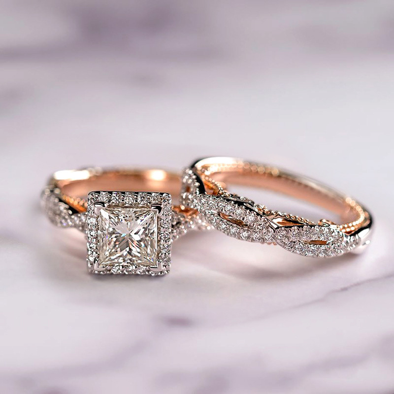 Cao Shi Three-Piece Ring Set Rose Gold Two-Tone Shining Zircon Ring Women's Luxurious Engagement Ring