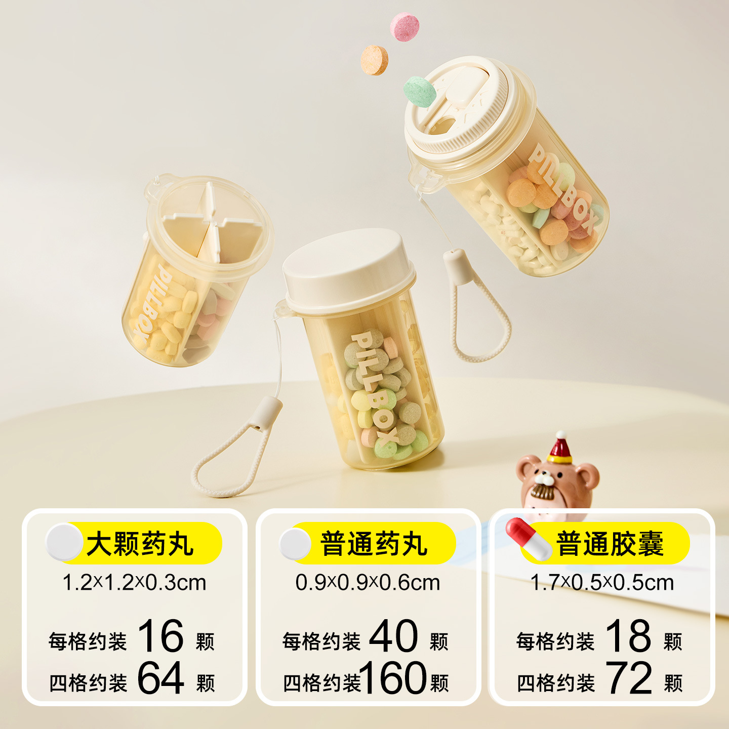 Portable sealed medicine box medical four-grid partition child-resistant food-grade portable pill bottle storage box