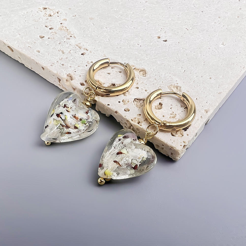 Stainless steel palace girl style gold foil colored琉璃 heart earrings gorgeous style earrings