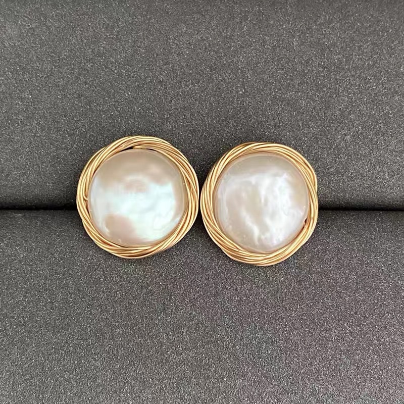 Handmade Natural Freshwater Suzhou Bread Pearl 925 Needle Copper Gold-Filled Wire Wrapped Antique Earrings Women