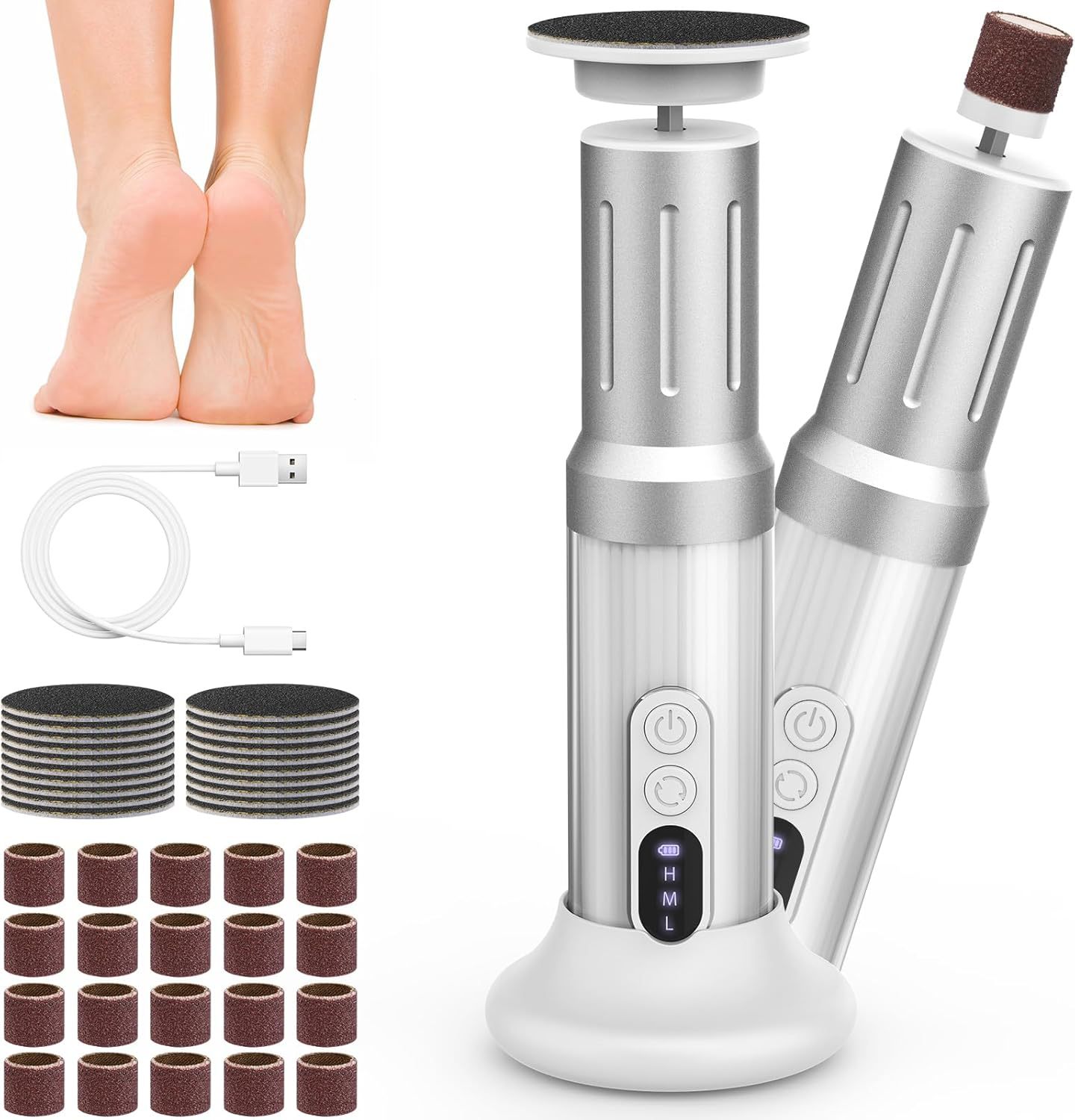 Electric Foot File C2, Optional Nano Grinding Head, 2-in-1 Rechargeable with Base, Electric Callus Remover