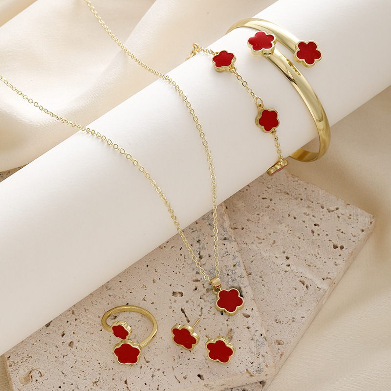 Clover Jewelry Set Wind Necklace Women Earrings Ring Bracelet Bangle