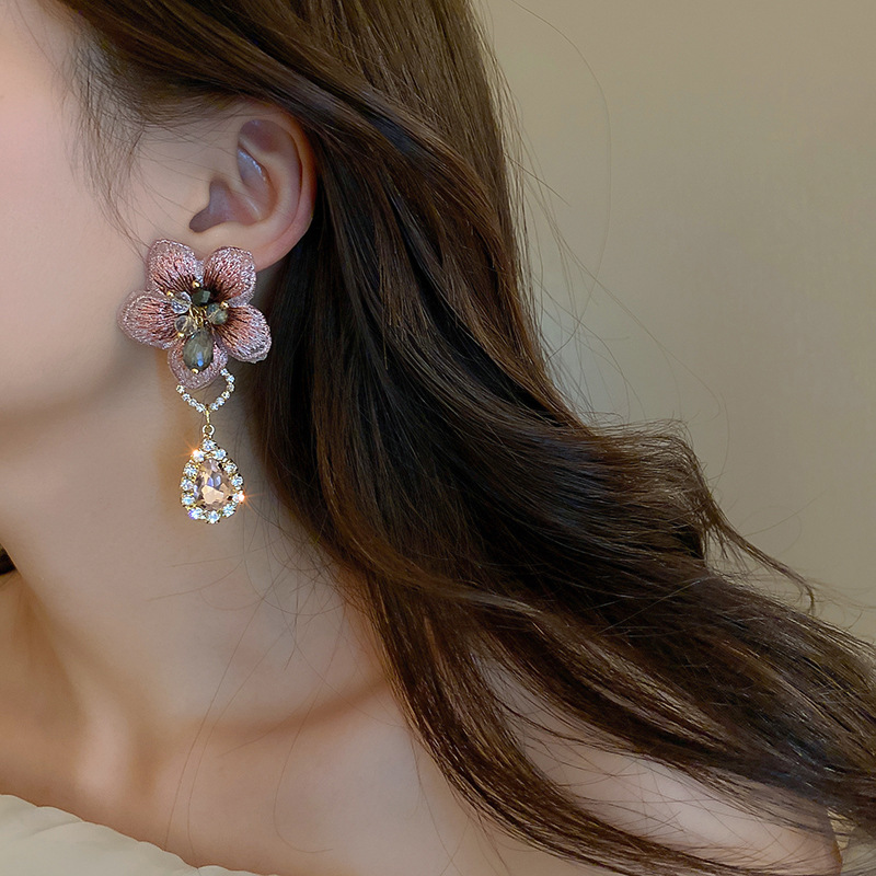 Silver Needle Asymmetric Crystal Fabric Flower Drop Earrings Elegant Earrings for Women