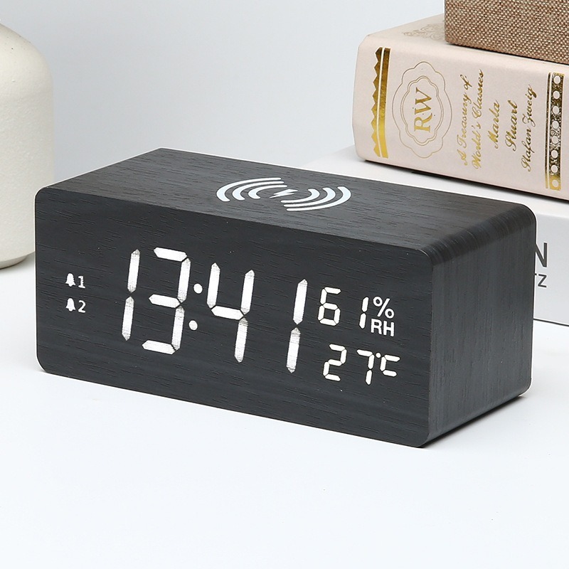 15W Wooden Wireless Charging Electronic Clock Simple Indoor Temperature and Humidity Meter LED Multifunctional Clock