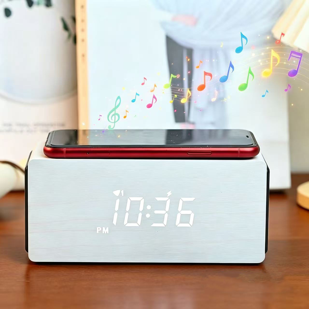 15W Bamboo Bluetooth Speaker Phone Wireless Fast Charging Office Desk Wooden Alarm Clock Multifunctional Silent Clock