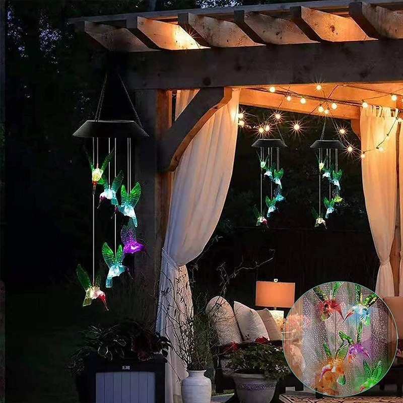 Solar Wind Chime Courtyard Decorative Light Color Changing Balcony Outdoor Waterproof Hanging LED Hummingbird Light String