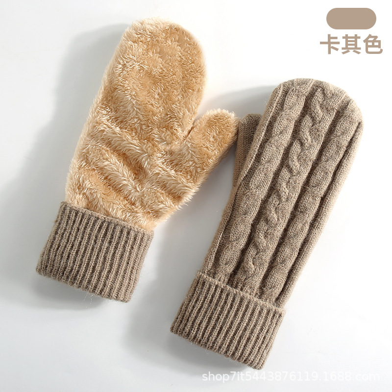 New Knitted Gloves Women Winter Double-Layer Fleece-Lined Thick Warm Mittens Cycling Mittens