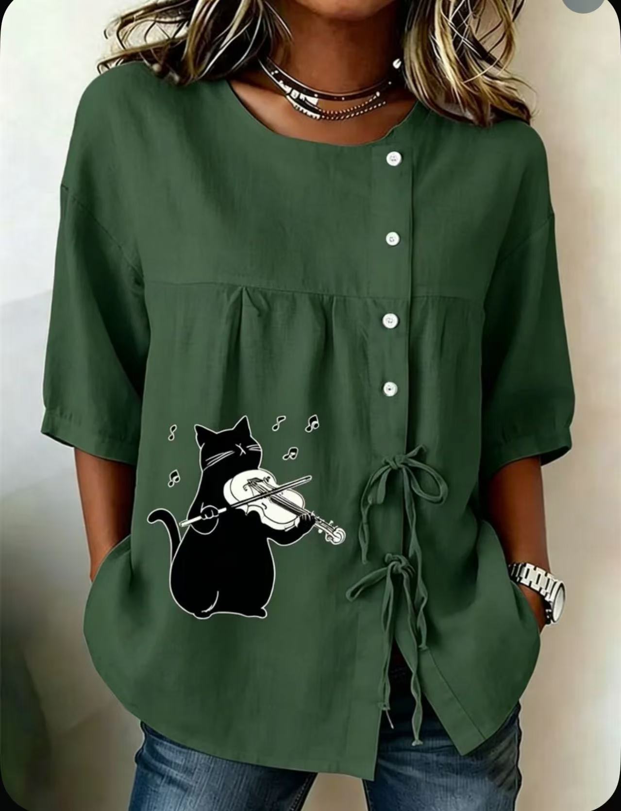 2026 New Style Printed Dandelion Loose Short Sleeve Blouse Women Tie Casual Top
