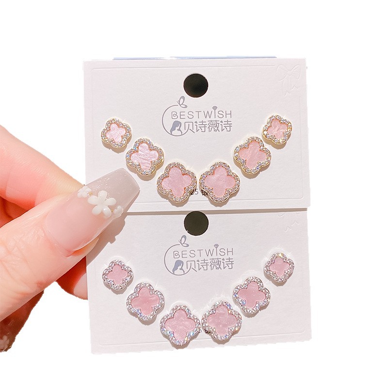 Summer new color large version pink zircon four-leaf flower earrings three pairs, six-piece set