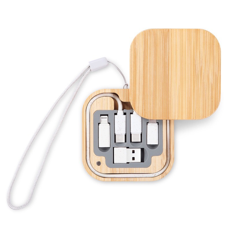 Eco-friendly bamboo wood material 60W wheat straw data cable storage box with 15W fast charging wireless charger