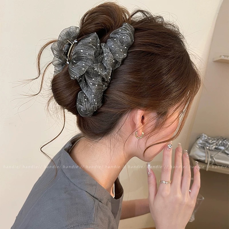 Mesh bow claw clip for women 2026 new hair clip for thick hair back of head shark clip summer hair accessory