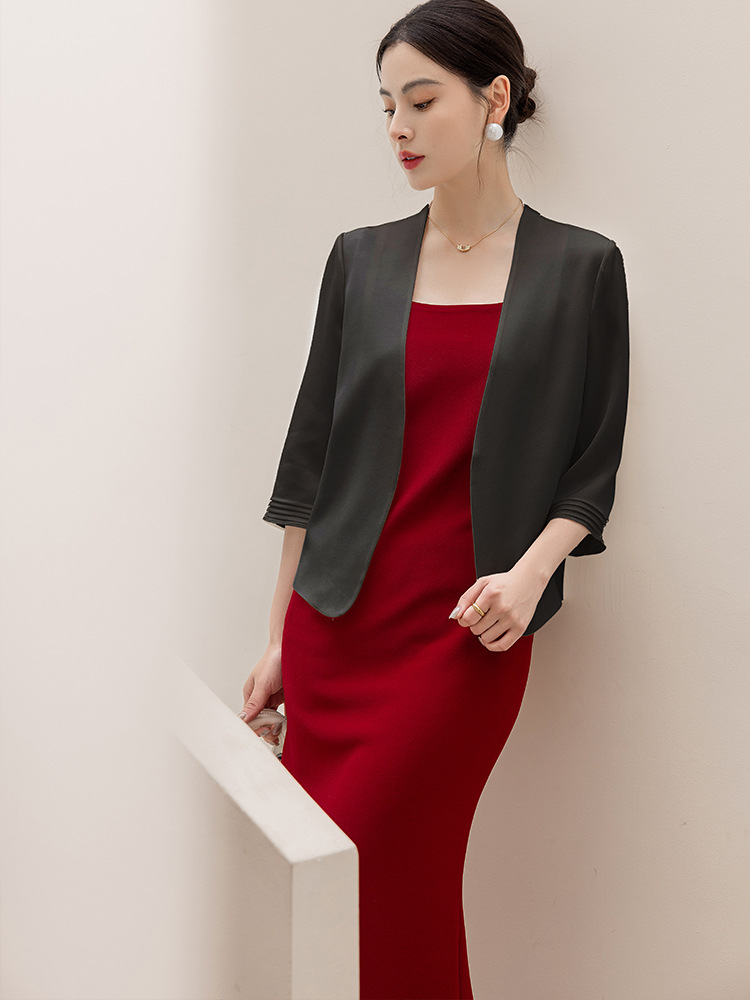 2026 summer solid color acetate suit jacket women five-point sleeve collarless short blazer
