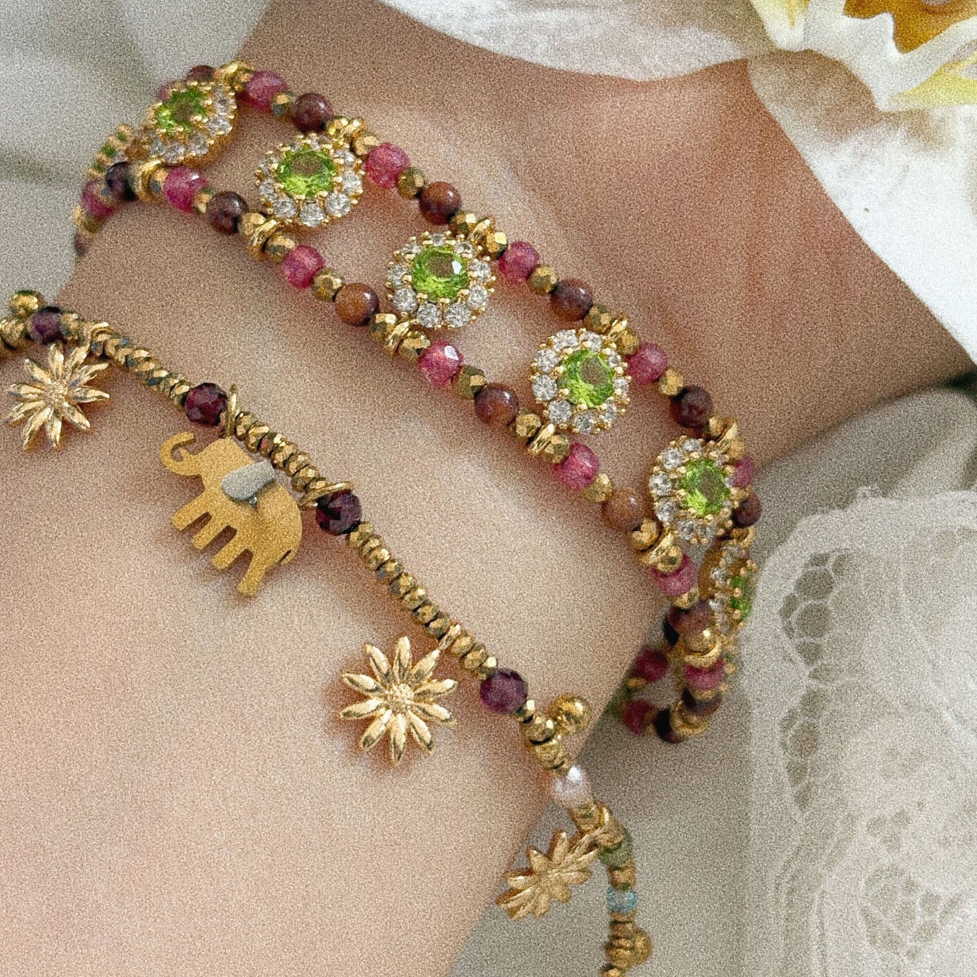 301 Midsummer Colorful Gem Little Elephant Bracelet Natural Style Sunflower Bracelet Vacation Style Sweet Relaxed