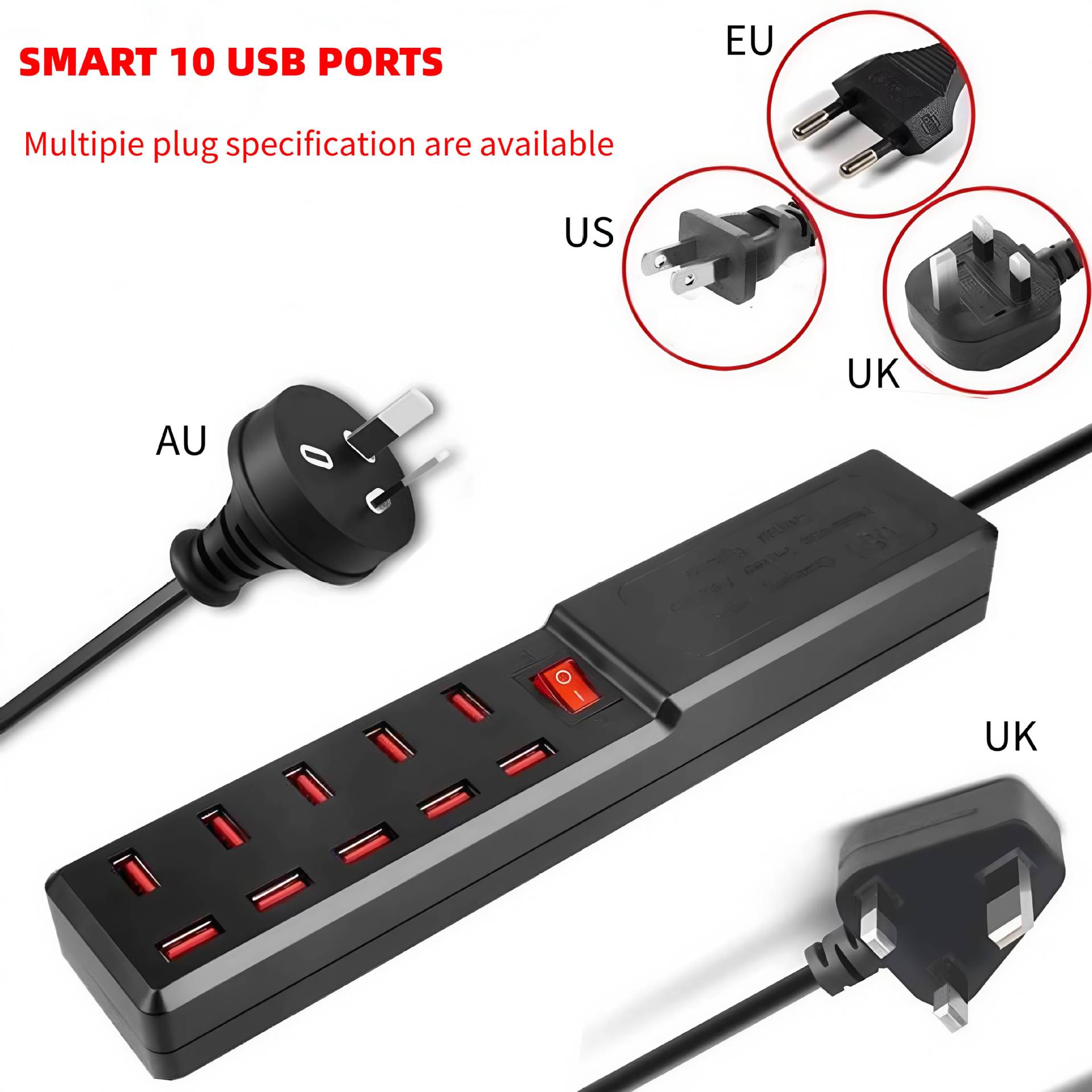 UK Plug Phone Smart Recognition 10 Charger Multi-Port USB Power Supply