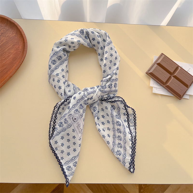 New pure cotton yarn scarf, black rice small square scarf, scarf hairband, spring and summer neck-protecting scarf for women, headscarf floral
