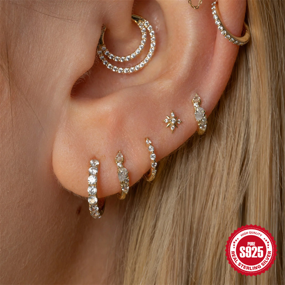 S925 sterling silver tassel chain diamond-set heart flat head threaded ear bone studs women's ear accessories