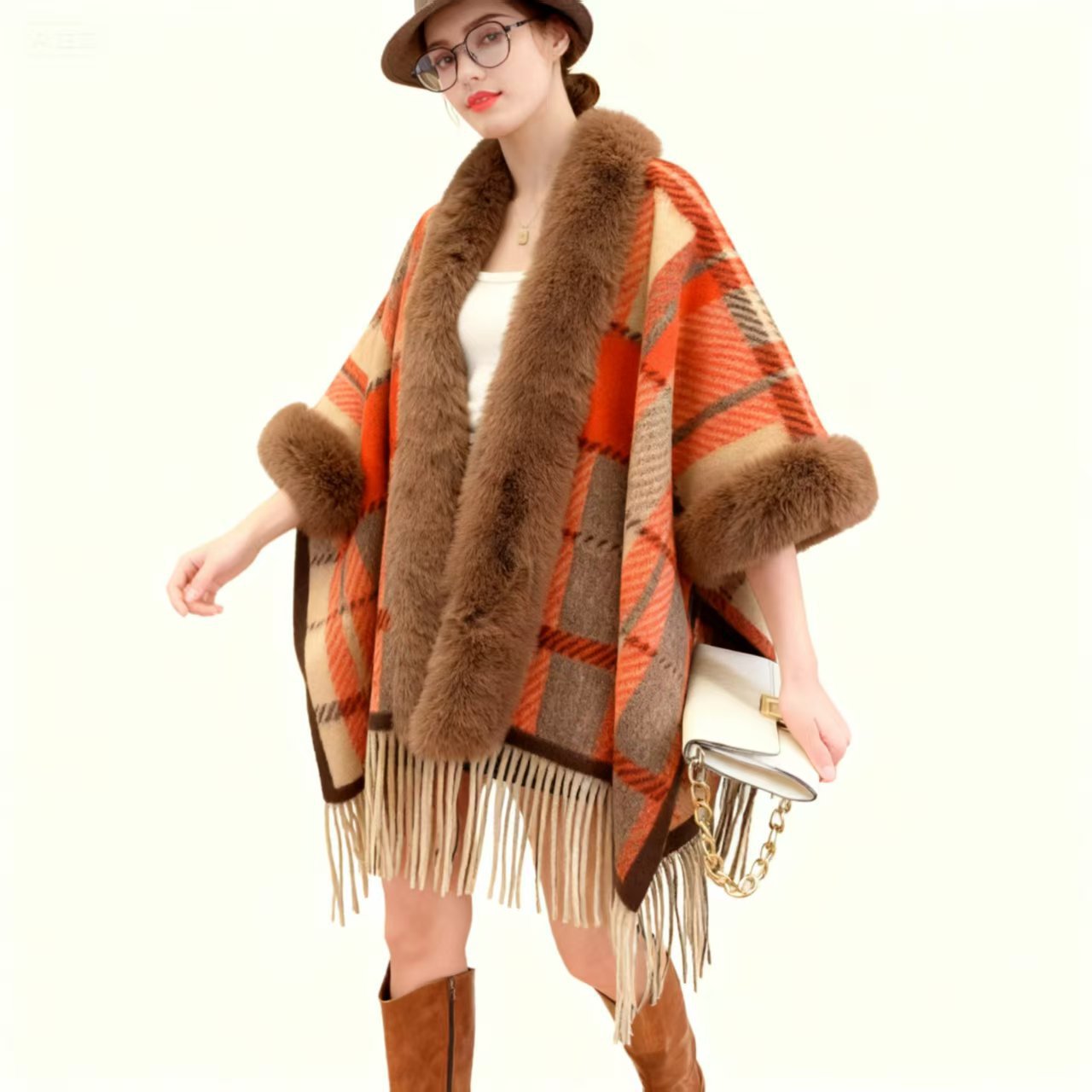 Available for Autumn and Winter Women's Casual Poncho Cape Plaid Fringe Coat Elegant Party