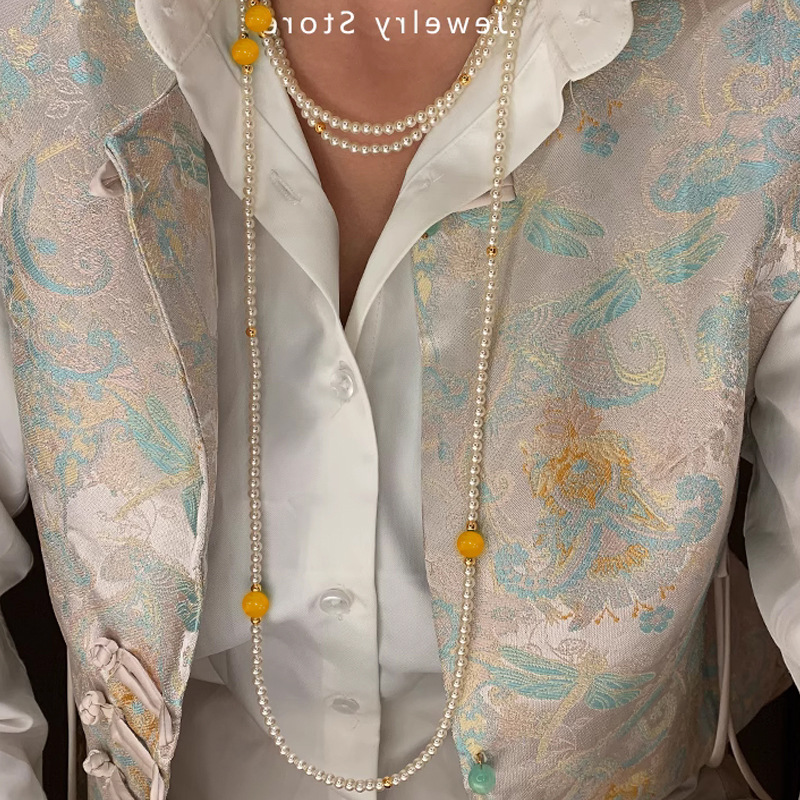 Chrysoprase multi-layer long pearl necklace women new Chinese style agate cheongsam accessory sweater chain neck chain