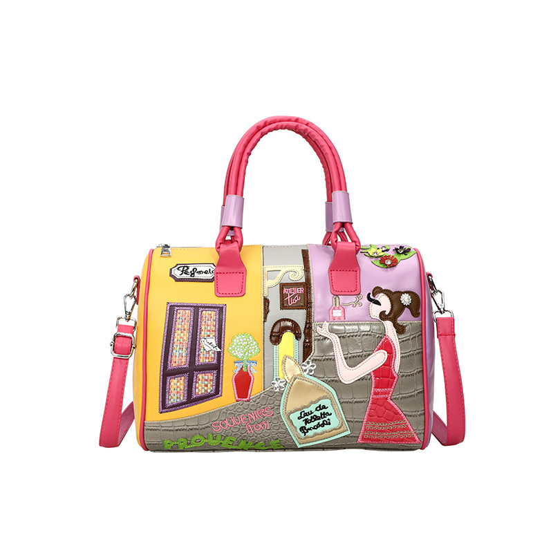 Large Capacity Handheld Boston Bag 2025 New Niche Embroidery Patch Commuter Shoulder Crossbody Bag