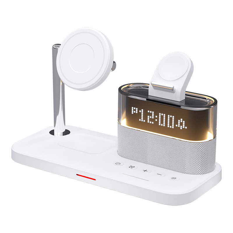 Desktop magnetic three-in-one wireless charger with colorful touch night light and alarm clock, suitable for Apple series, factory direct sales