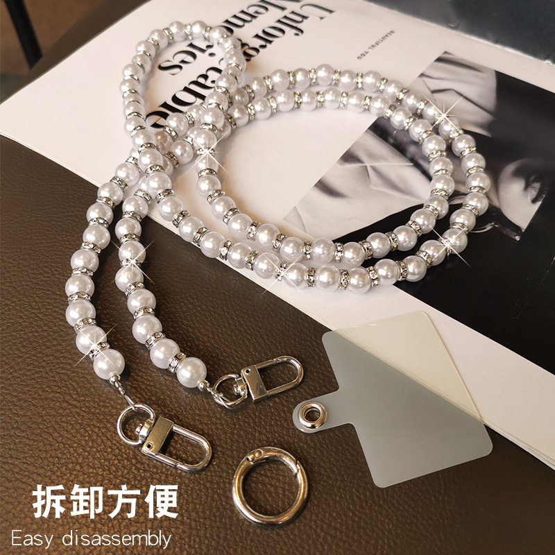 Mobile phone lanyard crossbody pearl bead chain card case rhinestone pendant women's handmade string beads