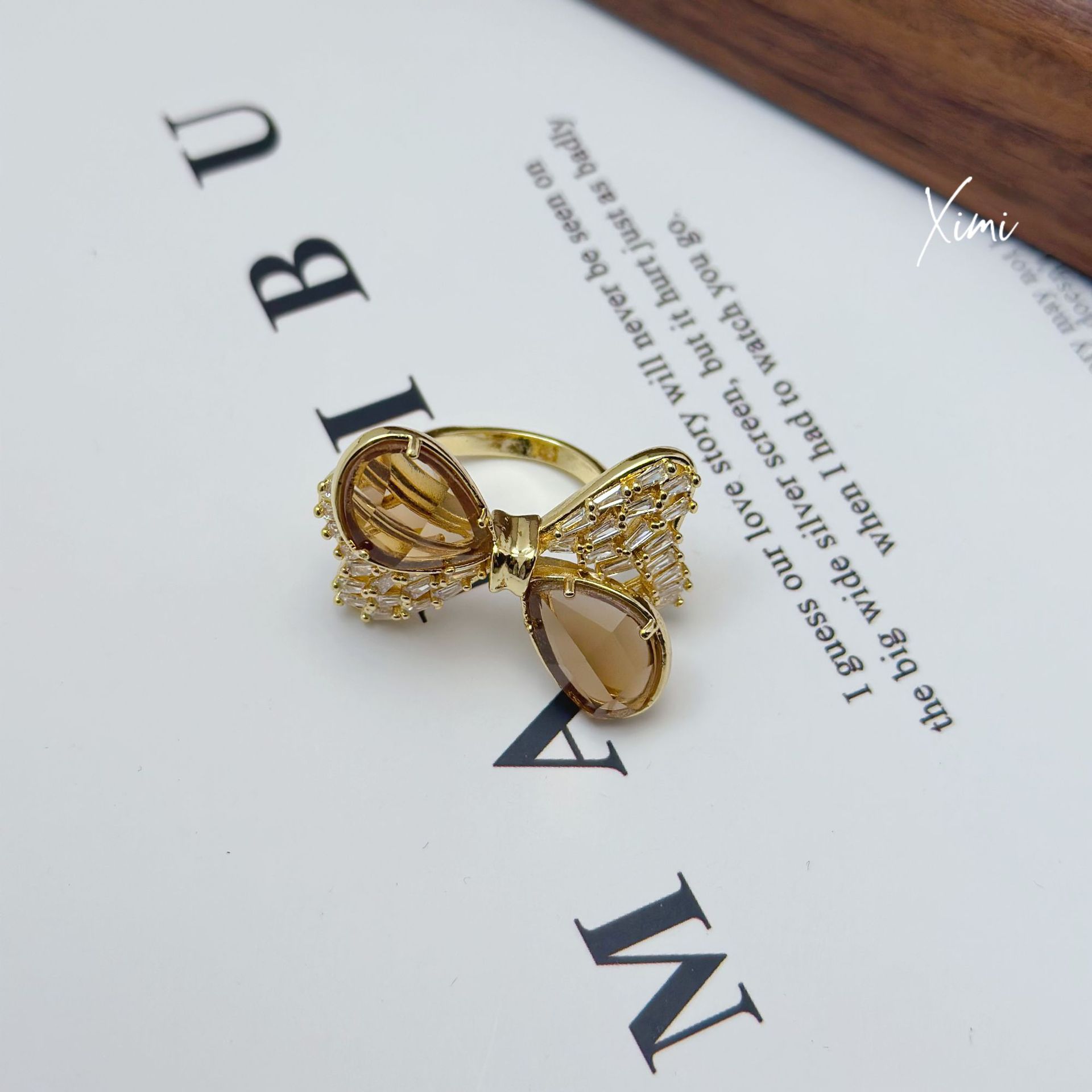 New Girly Heart Bowknot Ring Open Band Rhinestone Cute Knot Glass Sweet Exquisite Texture