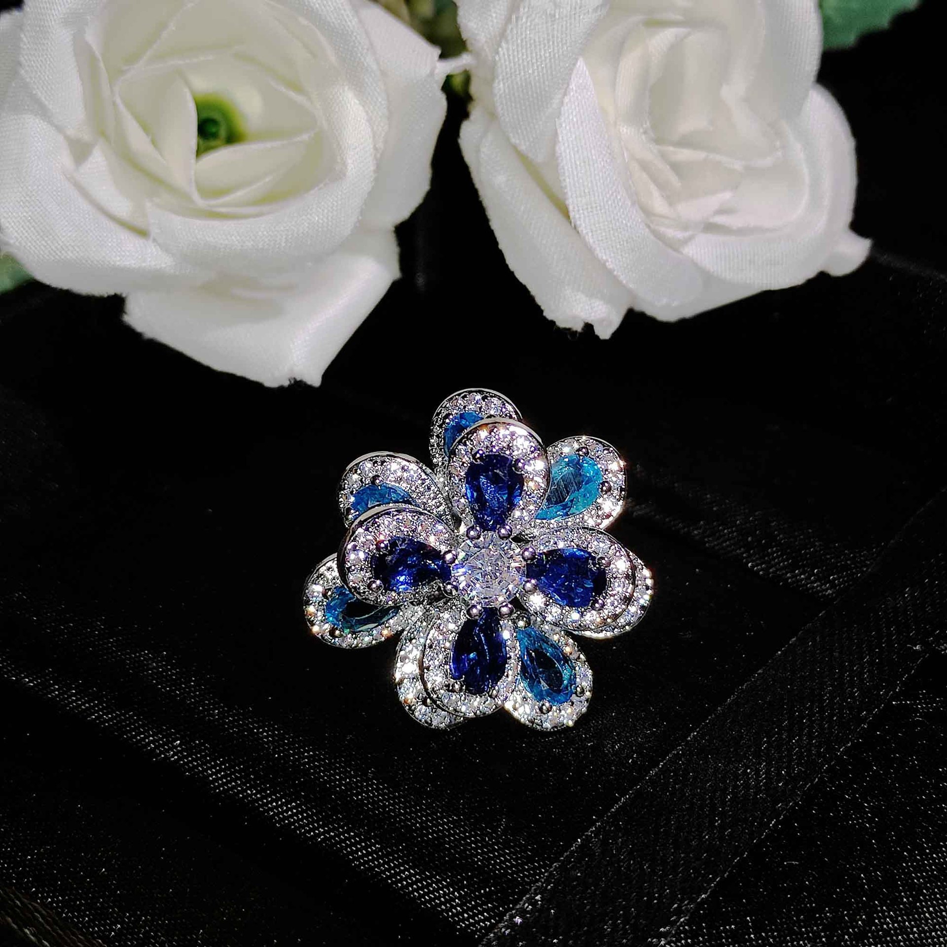 Colorful zircon flower set silver needle earrings simple立体 camellia pendant open ring