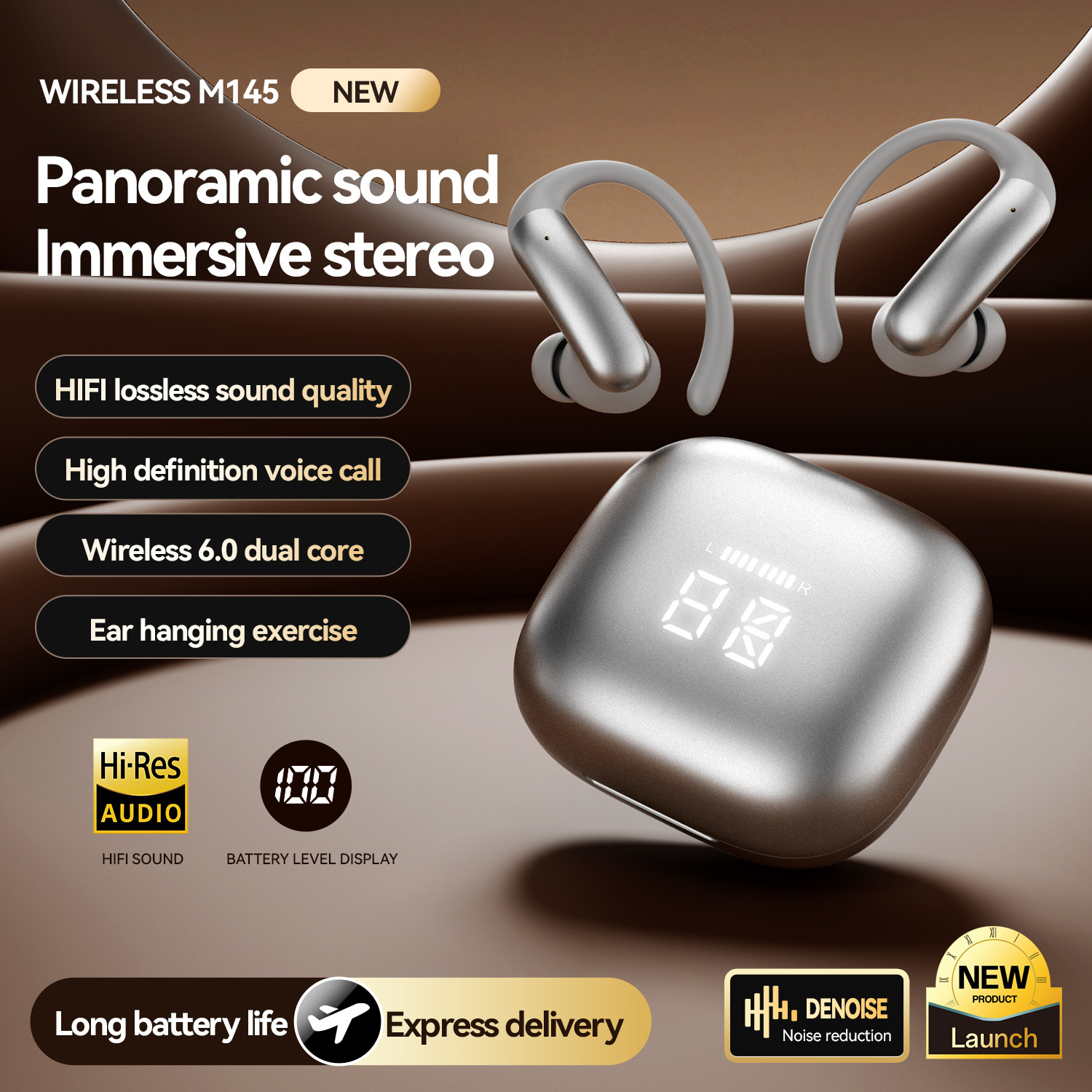 M145 Long Battery Life Hanging Ear and In-Ear Earphones Private Mold Low Latency Wireless Bluetooth Earphones