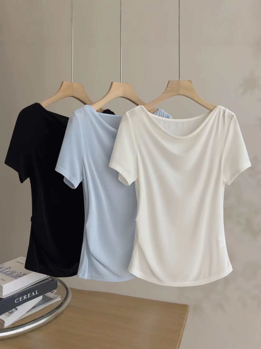 Draped collar acetate short-sleeve white T-shirt women's summer pleated waist top