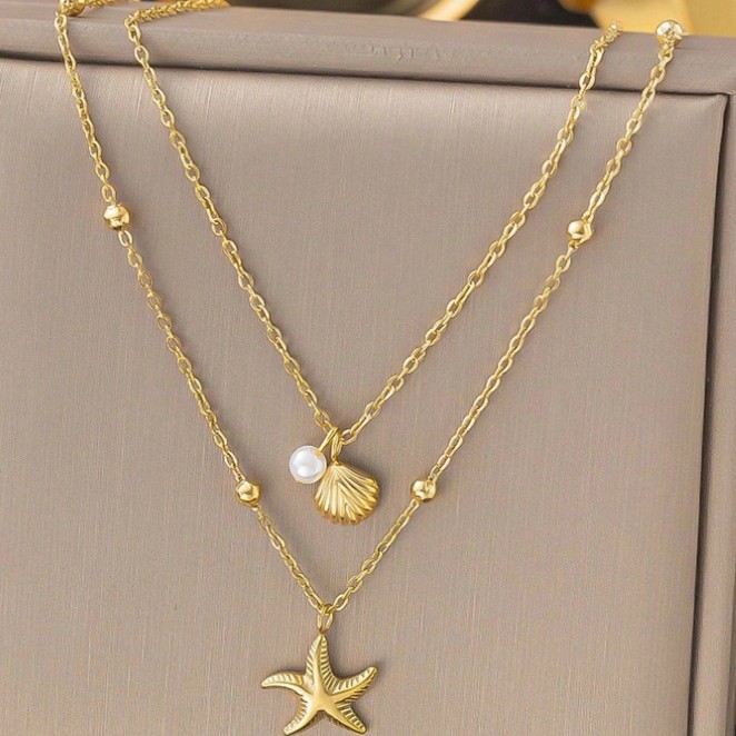 New Sea Star Shell Pearl Pendant Necklace Small Clavicle Chain for Women