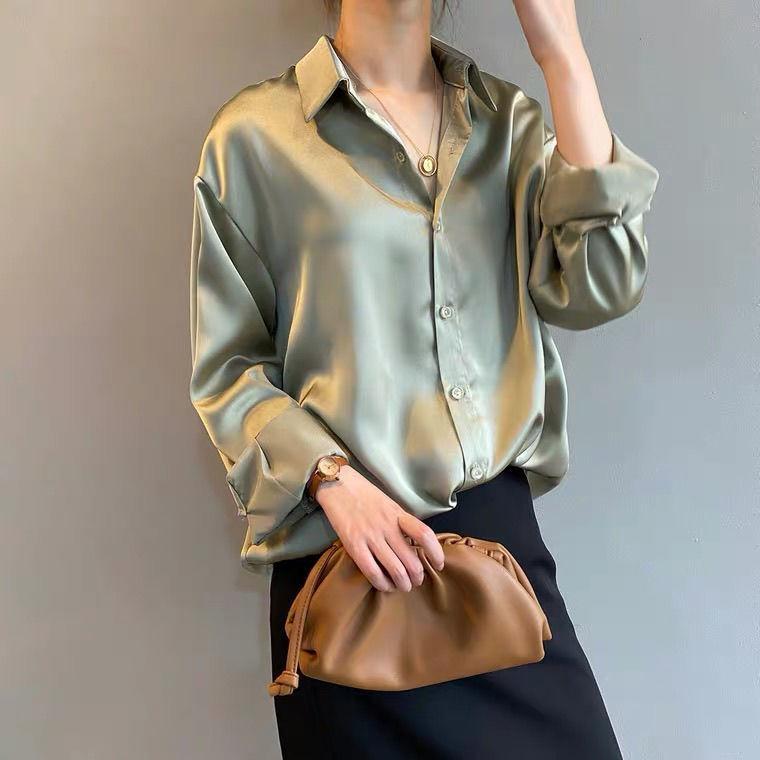 White Shirt Women Autumn/Winter Niche Satin Blouse Hong Kong Style Long Sleeve Top