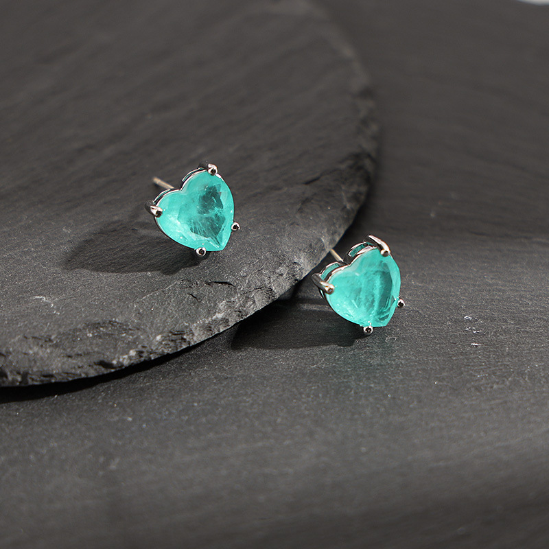 Heart Paraiba Patchwork Gemstone Ear Clip Design Simple S925 Needle Emerald Green Ear Studs No Piercing Ear Jewelry