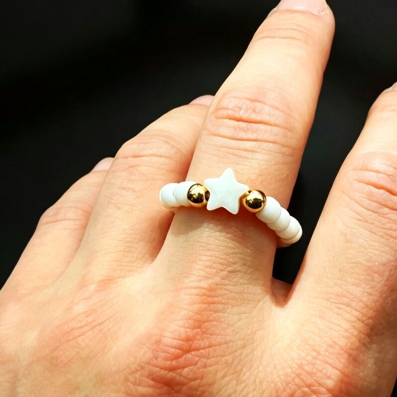 Rongshang Handmade Beaded Ring White Rice Bead Shell Love Heart Five-Pointed Star Ring for Women Accessory
