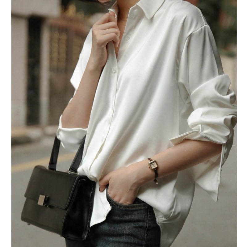 White Shirt Women Niche Hong Kong Style Blouse Satin Silk Satin Loose Professional