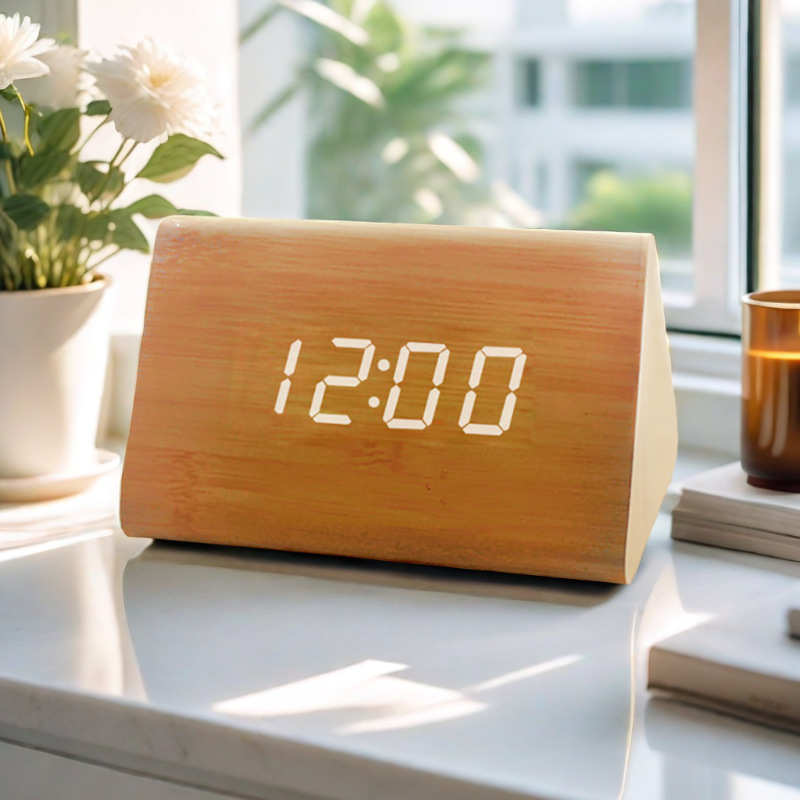 LED wooden voice-controlled alarm clock, office clock, bedside electronic alarm clock, LED digital clock