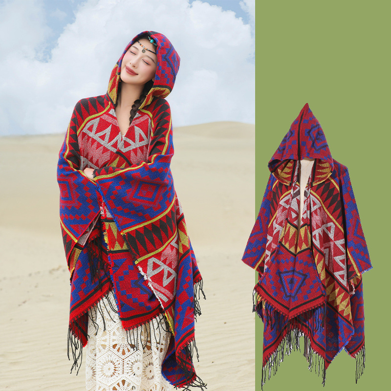 Sichuan Tibet Bohemian Photo Knit Shawl Scenic Area Hooded Scarf Cape Yunnan Cape Shawl Women