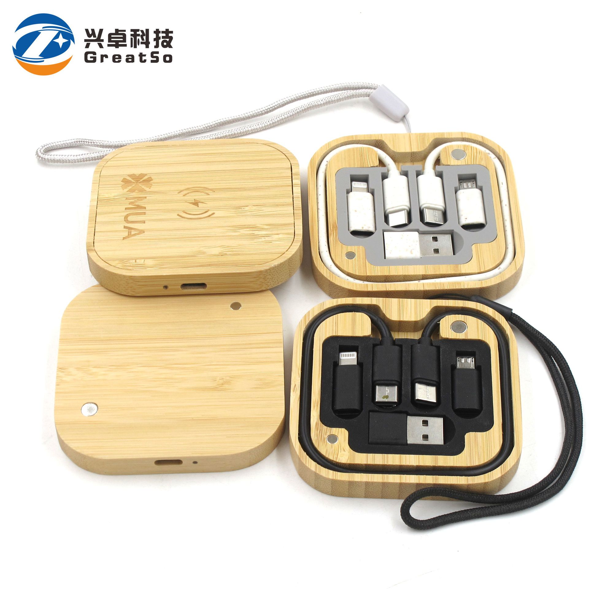 Eco-friendly bamboo wood material 60W wheat straw data cable storage box with 15W fast charging wireless charger