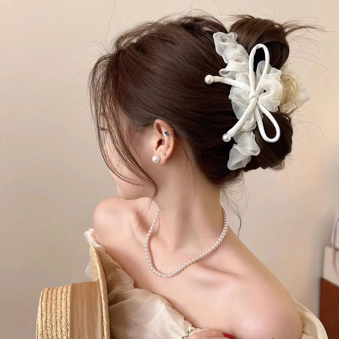 45#【米白色】网纱珍珠立体蝴蝶结约13cm