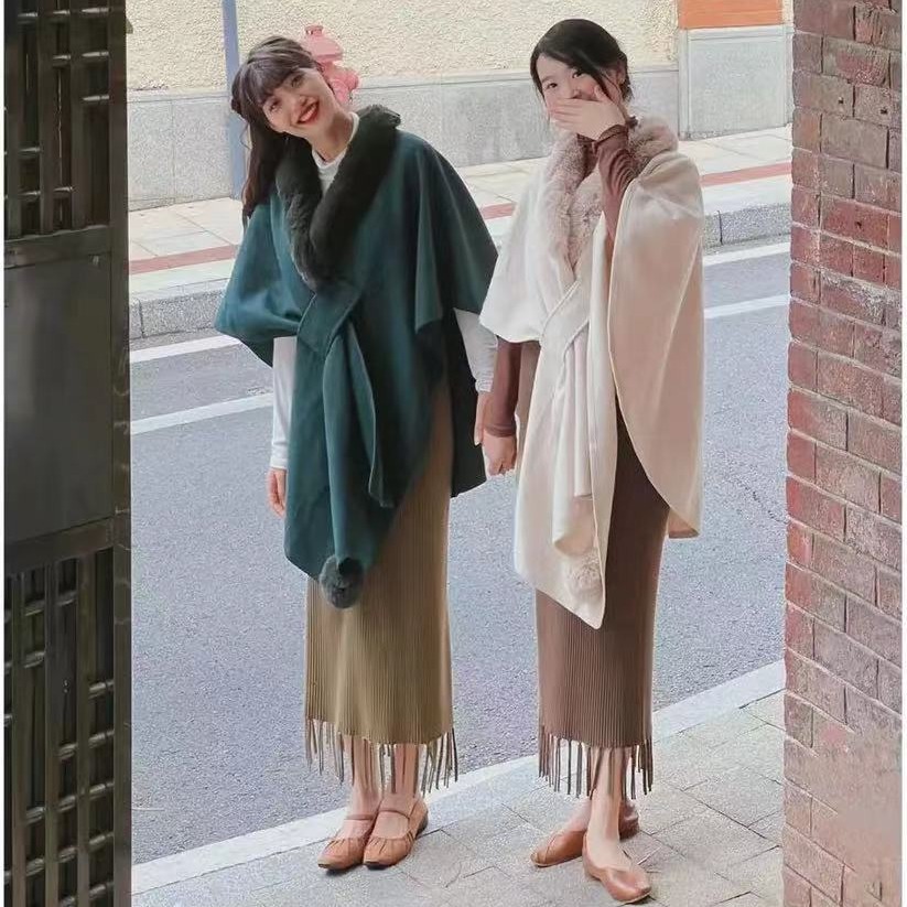 Live Hot Autumn Winter New Scarf Shawl Cape Fur Collar Fur Ball Knitted Cardigan Cape Shawl 0962#