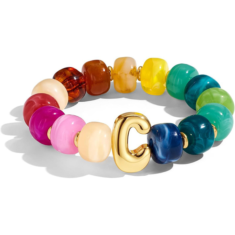 New Colorful Resin Barrel Bead Elastic Bracelet Women's Copper Letter Pendant Beaded Bracelet
