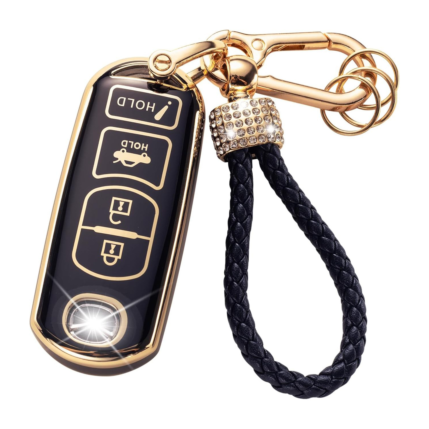 Gold Edge Black Key Car Key Bag Set Rhinestone Carabiner Pendant Keychain