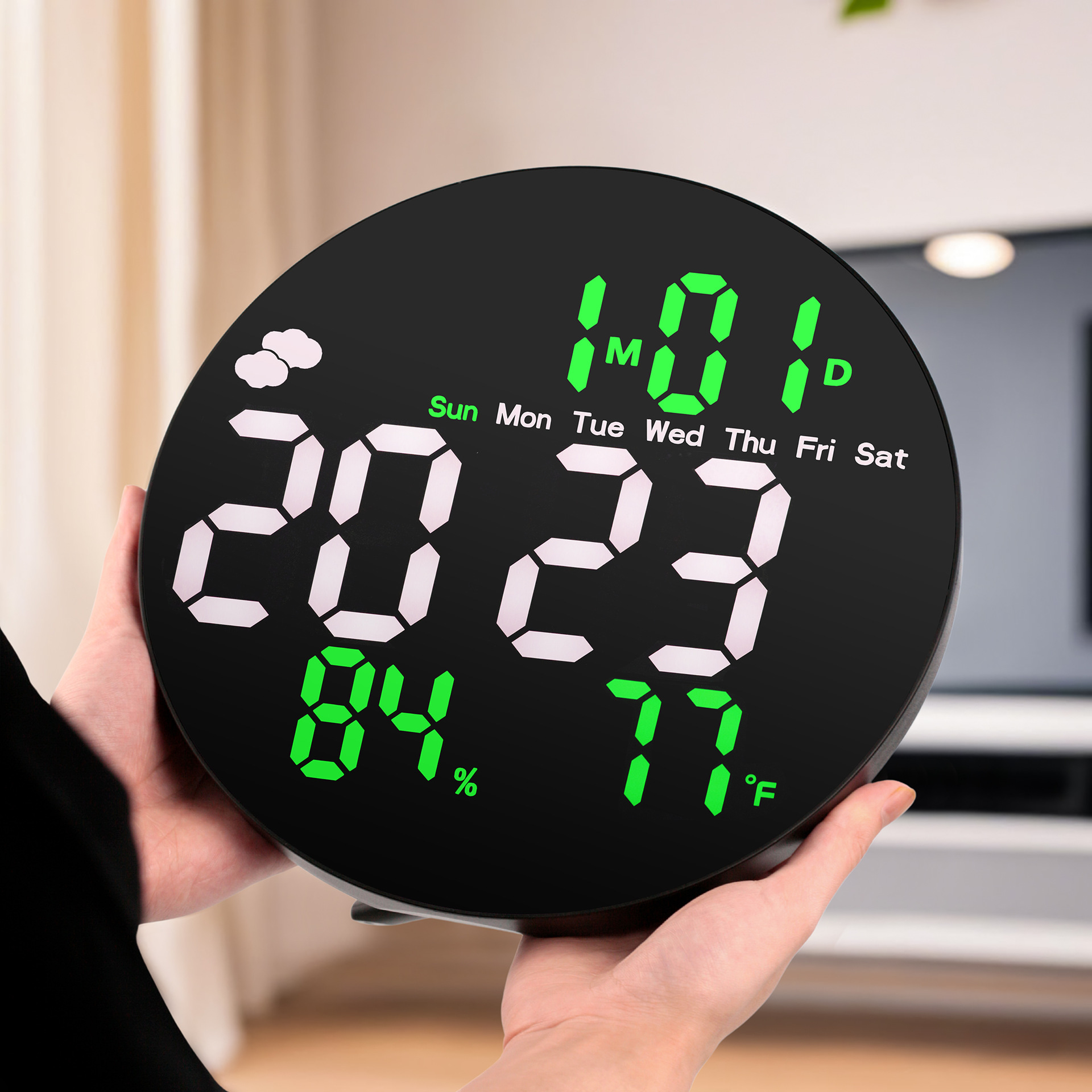 10-inch Round Large Screen Digital Electronic Clock Remote Control LED Alarm Clock Display Weather Temperature Humidity Calendar Wall Clock