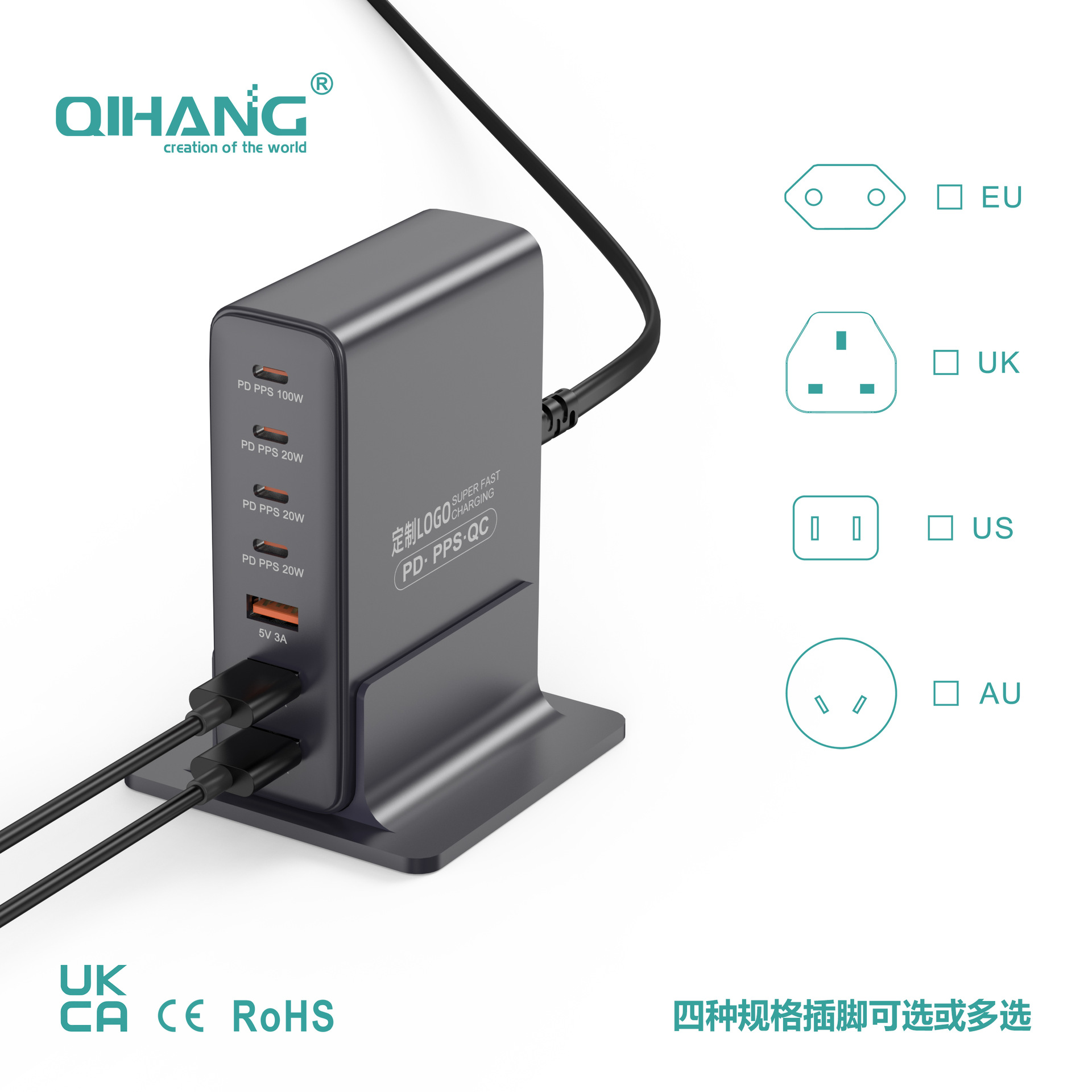 200W GaN Multi-Port Charger Fast Charging Desktop Charging Station Compatible with Laptop Tablet Phone